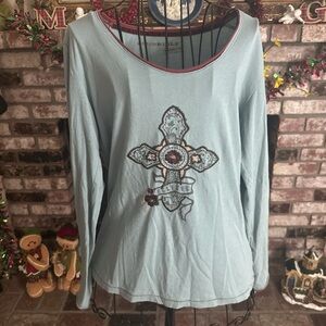 Bit & Bridle Women's M Top Cross Floral Embroidered Rhinestone Teal Long Sleeve